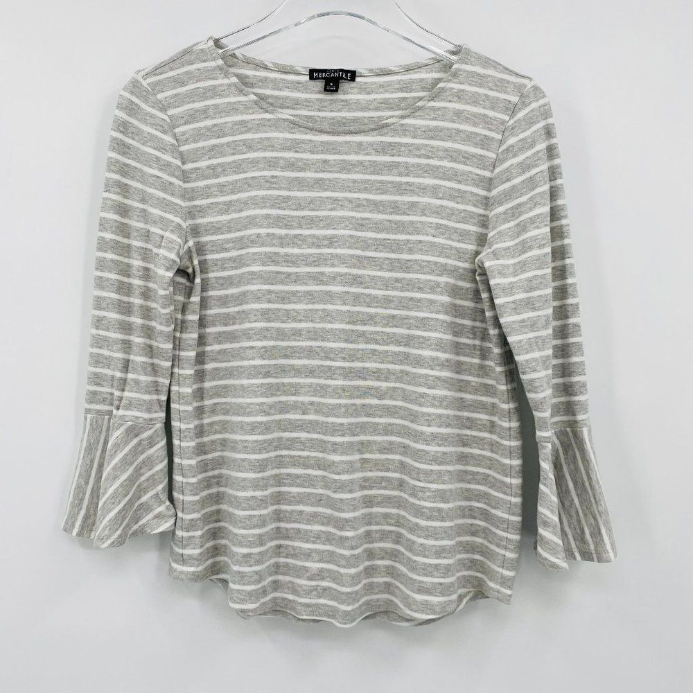 J. Crew Size Small Gray & White Striped 3/4 Bell Sleeve Knit Top